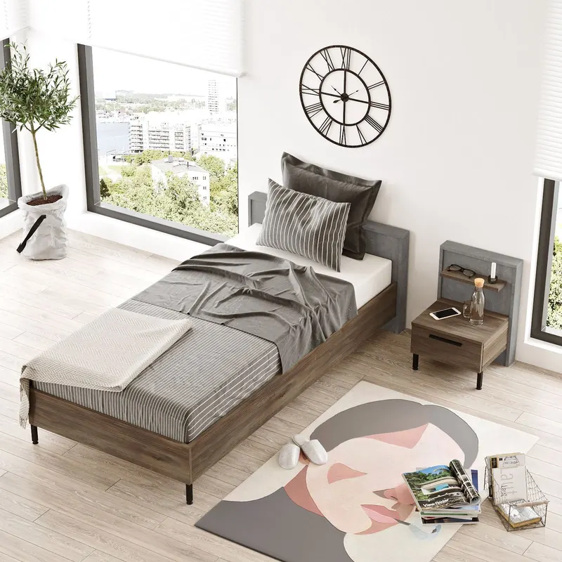 Set Mobila Dormitor Eren, Maro, 200 x 59 x 45, Pat - Noptiera - Maro