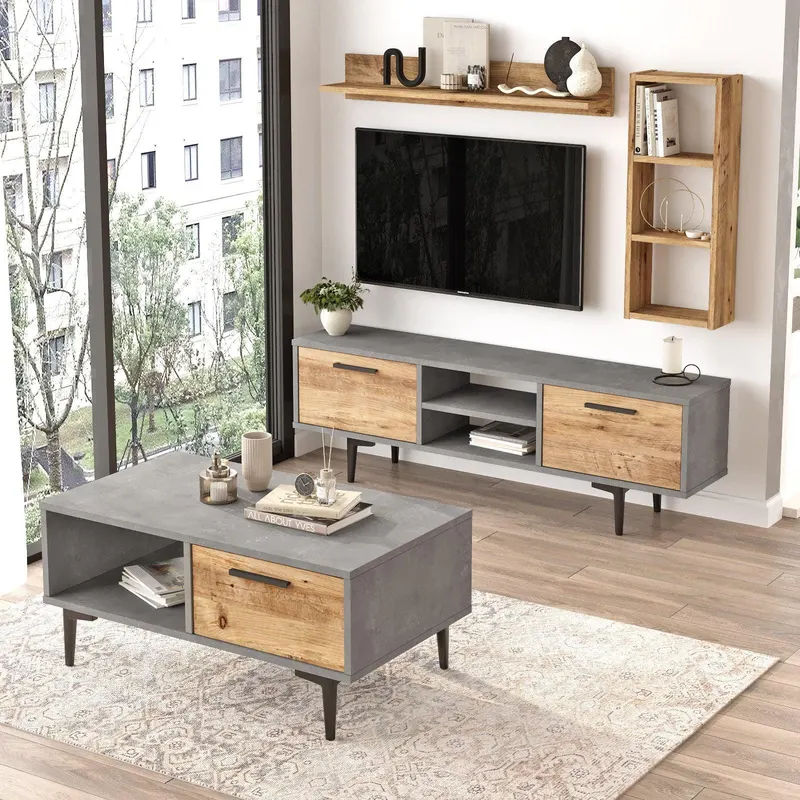 Set Mobila Sufragerie Anastasia, Gri - Stejar, 3 piese, Comoda Tv - Raft de Perete - Masuta de Cafea  cm - Stejar