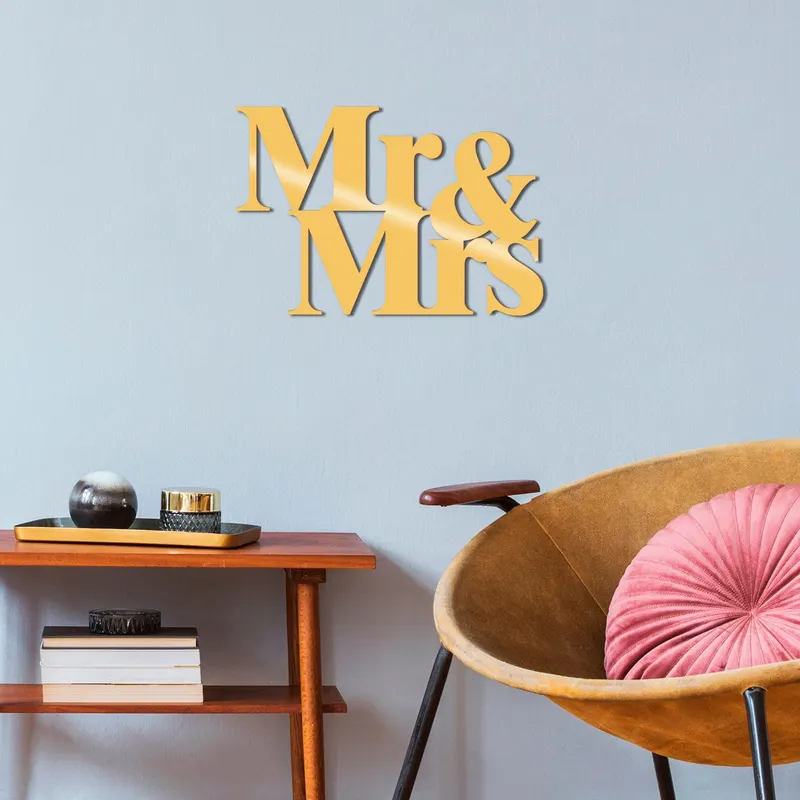 Decoratiune de perete Metal Mr & Mrs-celebration, Negru, 35x1x50 cm - Auriu