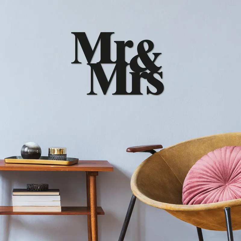 Decoratiune de perete Metal Mr & Mrs-celebration, Negru, 35x1x50 cm - Negru