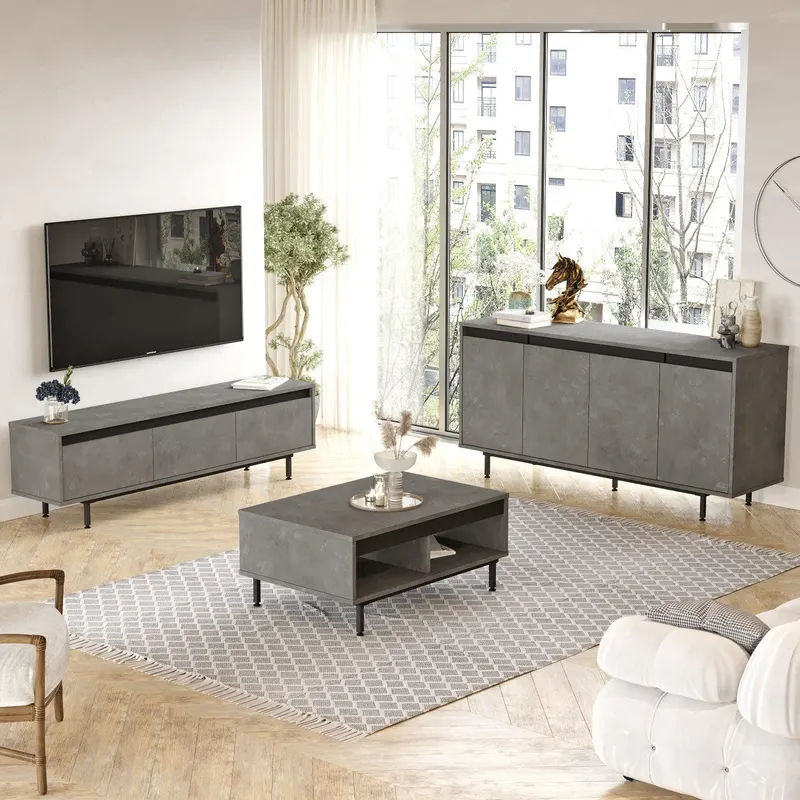Set Mobila Sufragerie Ozlem, Gri, Comoda Tv - Consola - Masuta de Cafea - Gri