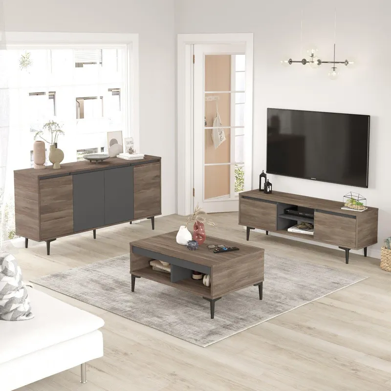 Set Mobila Sufragerie Zagreb, Gri - Nuc - Stejar, Consola - Comoda - Masuta de Cafea - Nuc