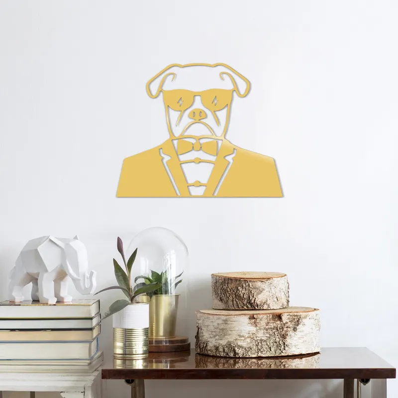 Decoratiune de perete Metal Bulldog-2, Negru, 42x1x50 cm - Auriu