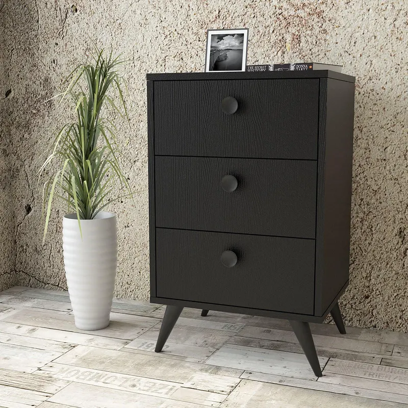 Noptiera inalt Rollock cu 3 sertare, Alb - Negru - Lemn Natural - Gri  49 x 79 x 40 cm - Gri