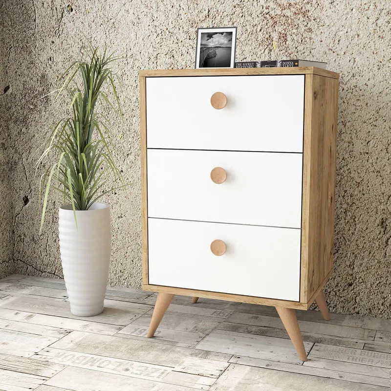 Noptiera inalt Rollock cu 3 sertare, Alb - Negru - Lemn Natural - Gri  49 x 79 x 40 cm - Alb