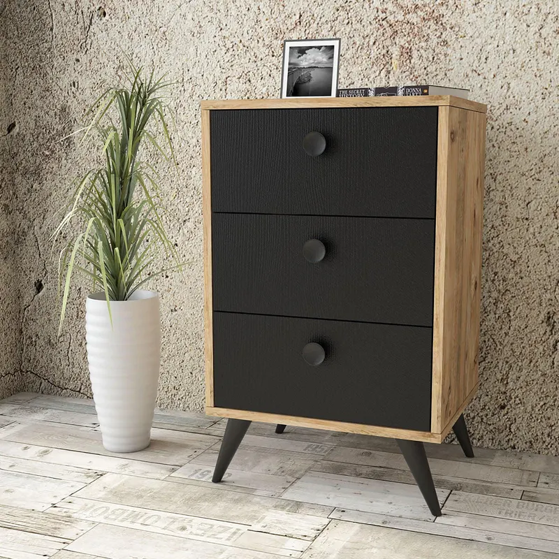 Noptiera inalt Rollock cu 3 sertare, Alb - Negru - Lemn Natural - Gri  49 x 79 x 40 cm - Lemn Natural