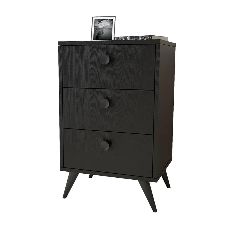 Noptiera inalt Rollock cu 3 sertare, Alb - Negru - Lemn Natural - Gri  49 x 79 x 40 cm - Negru