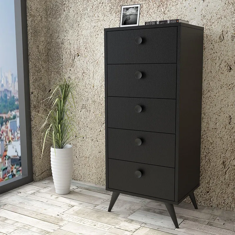 Comoda Peripoli cu 5 sertare , Negru - Gri - Alb 49 x 119 x 40 cm - Negru