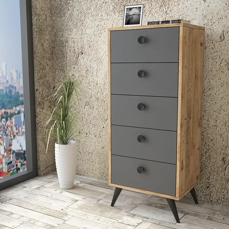 Comoda Peripoli cu 5 sertare , Negru - Gri - Alb 49 x 119 x 40 cm - Gri