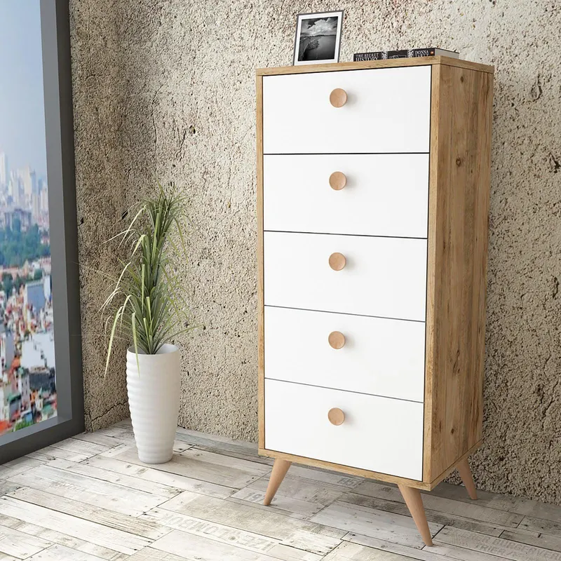 Comoda Peripoli cu 5 sertare , Negru - Gri - Alb 49 x 119 x 40 cm - Alb
