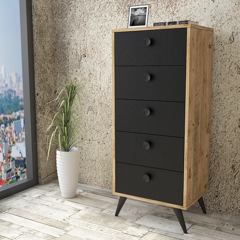 Comoda Peripoli cu 5 sertare , Negru - Gri - Alb 49 x 119 x 40 cm - Lemn Natural