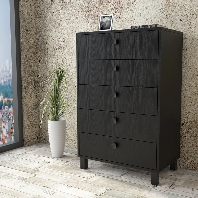 Comoda Roomoro cu 5 sertare, Gri- Alb - Negru - Stejar, 74 x 114 x 45 cm - Negru