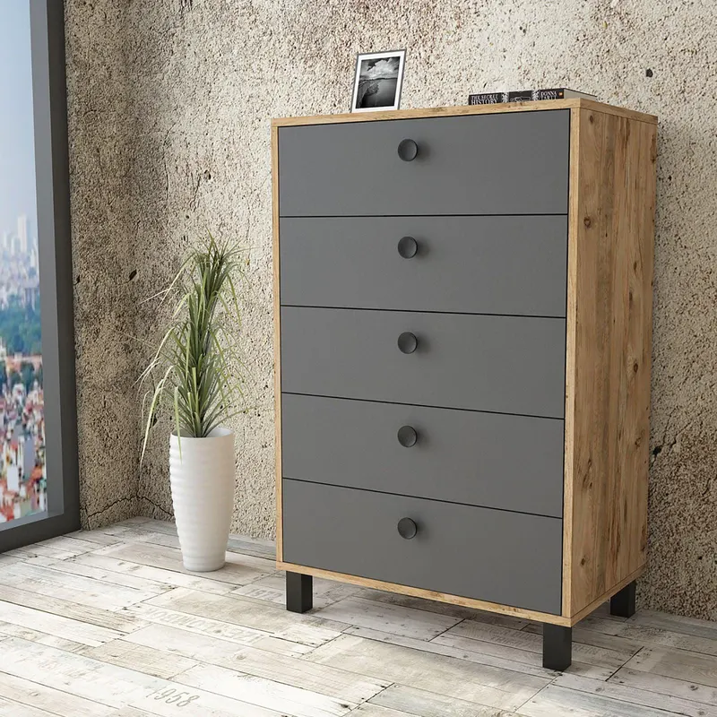 Comoda Roomoro cu 5 sertare, Gri- Alb - Negru - Stejar, 74 x 114 x 45 cm - Gri