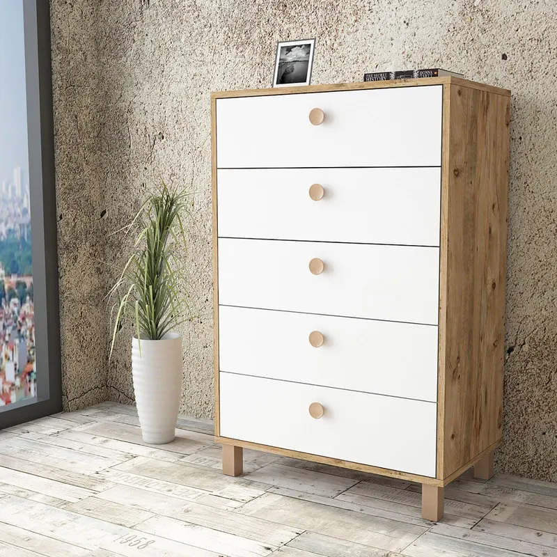 Comoda Roomoro cu 5 sertare, Gri- Alb - Negru - Stejar, 74 x 114 x 45 cm - Alb