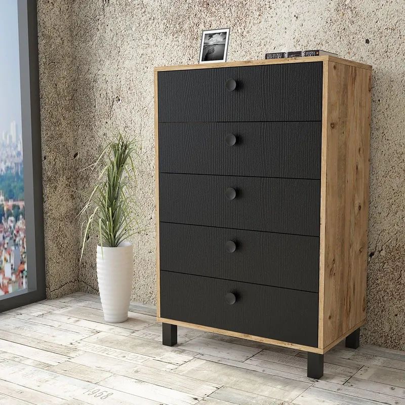Comoda Roomoro cu 5 sertare, Gri- Alb - Negru - Stejar, 74 x 114 x 45 cm - Lemn Natural