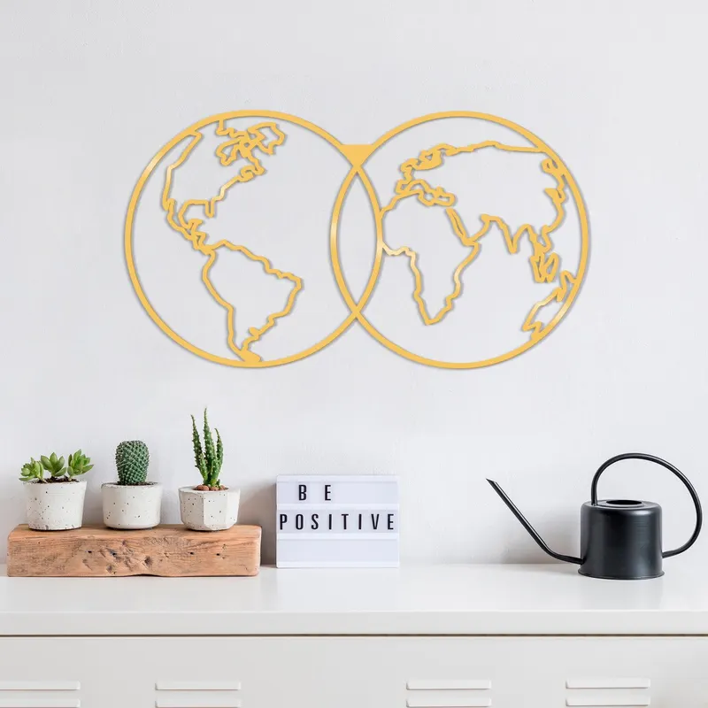 Decoratiune de perete Metal World Map Metal Decor - Gold, Aur, 34x1x60 cm - Auriu
