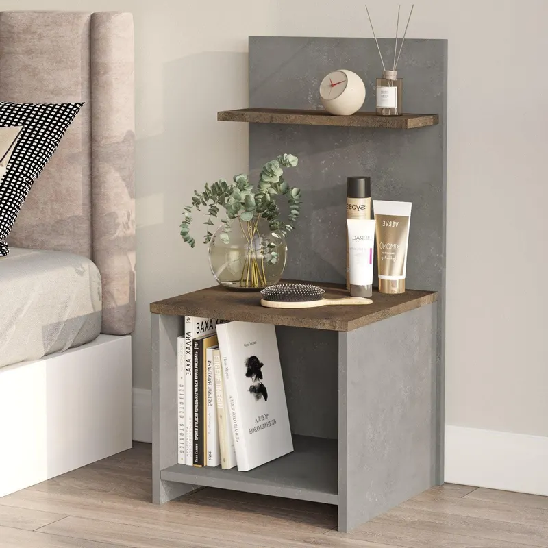 Noptiera Inalt cu rafturi, Alb - Gri, 45 x 90 x 40 cm - Gri