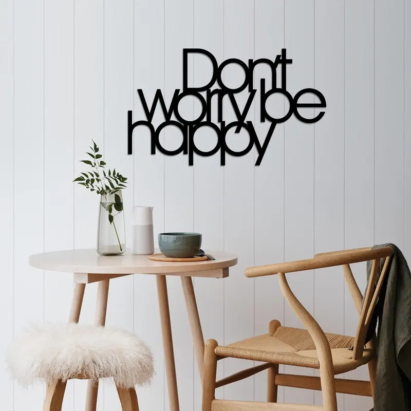 Decoratiune de perete Metal Dont Worry Be Happy - Black, Negru, 50x30x0.15 cm - Negru