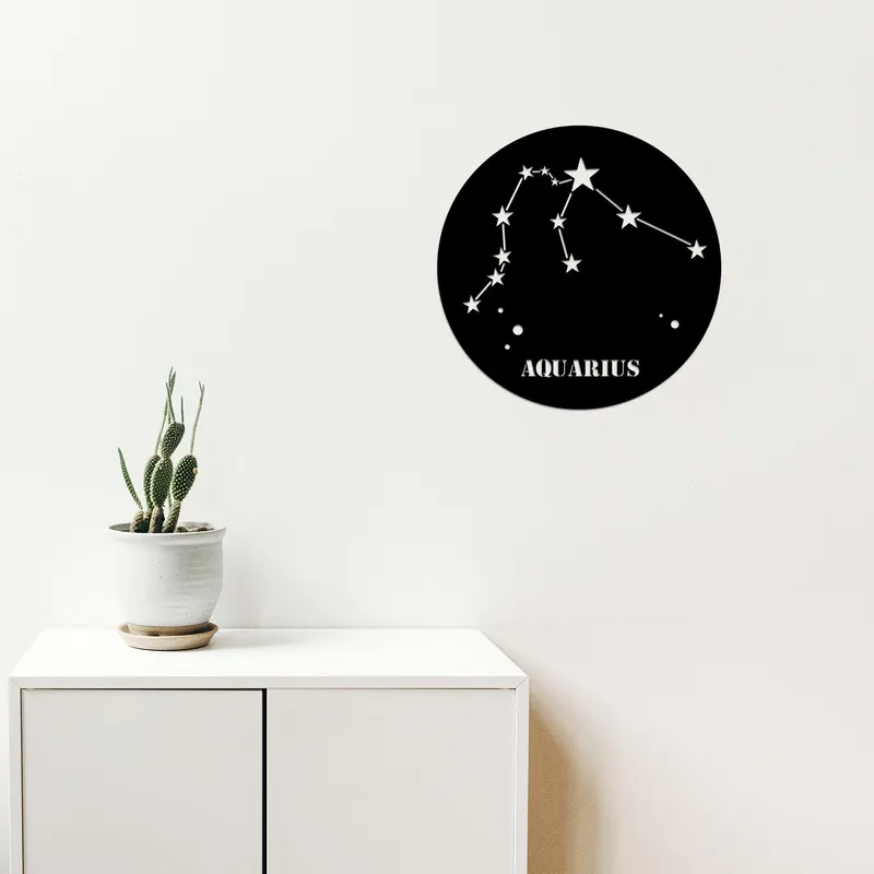 Decoratiune de perete Metal Aquarıus Horoscope - Black, Negru, 48x1x48 cm - Negru