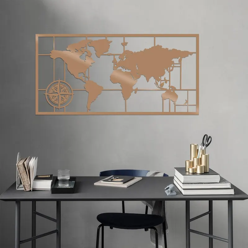 Decoratiune de perete Metal World Map Metal Decor 7, Cupru, 60x1x121 cm - Multicolor