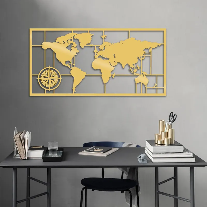Decoratiune de perete Metal World Map Metal Decor 7, Cupru, 60x1x121 cm - Auriu