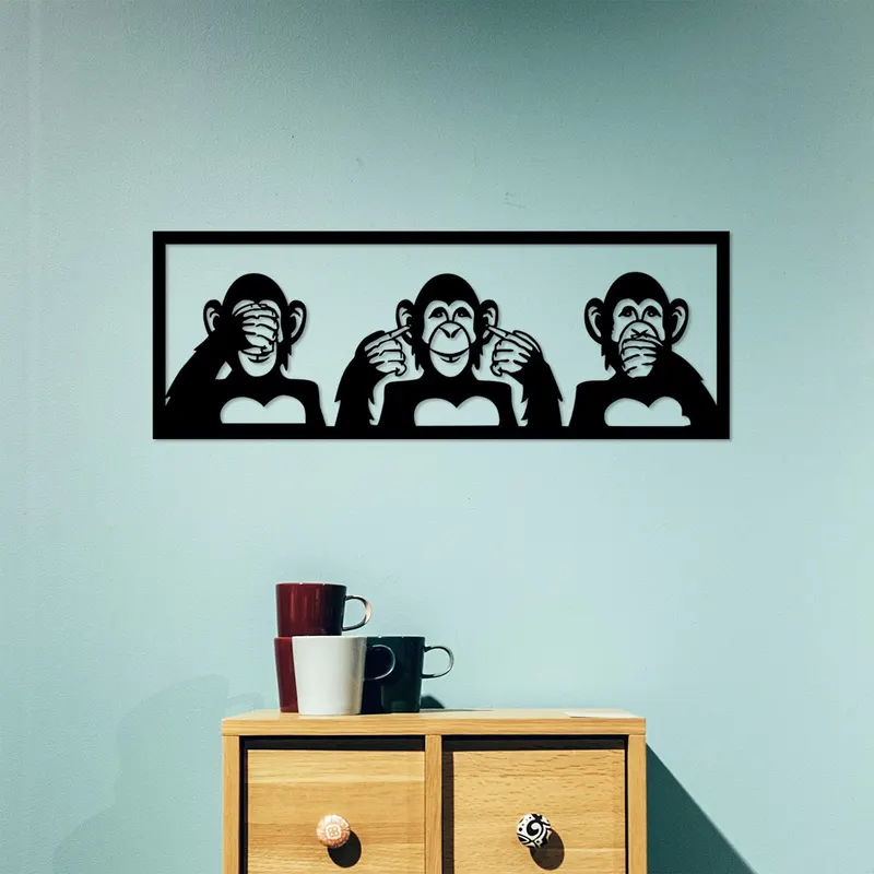 Decoratiune de perete Metal Three Monkeys - L, Negru, 36x1x100 cm - Negru