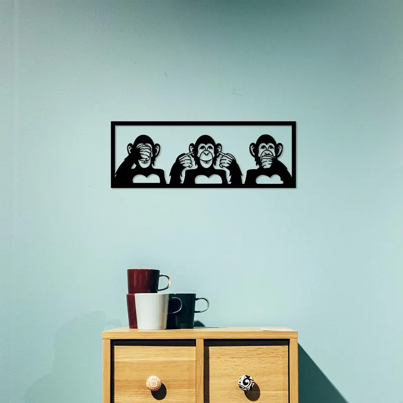 Decoratiune de perete Metal Three Monkeys - S, Negru, 18x1x50 cm - Negru