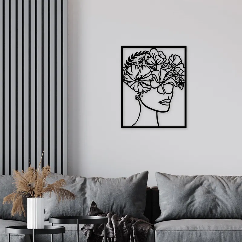 Decoratiune de perete Metal Flower Woman, Negru, 75x1x60 cm - Negru