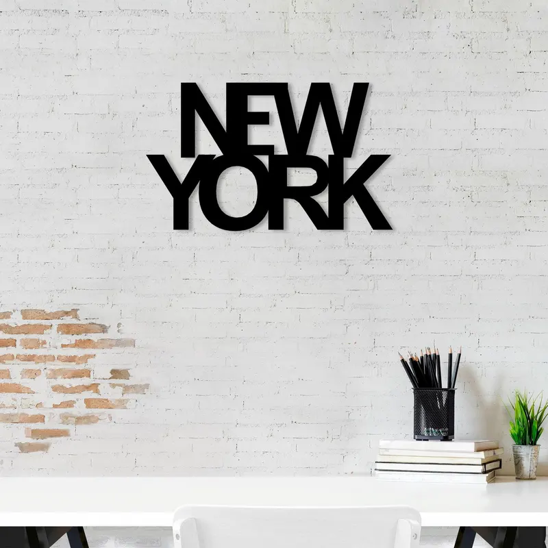 Decoratiune de perete Metal New York, Negru, 36x1x60 cm - Negru
