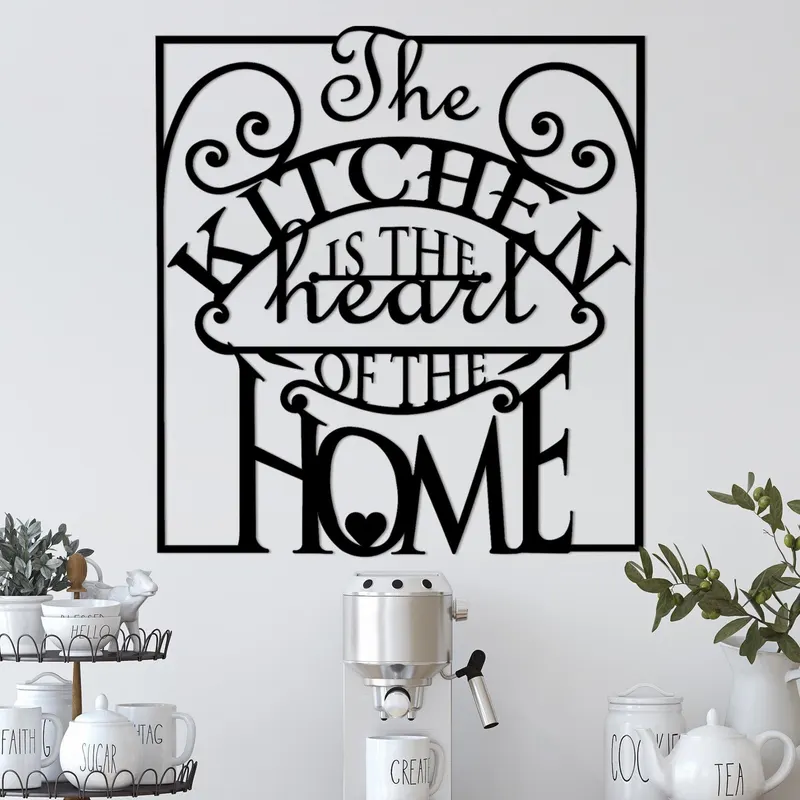 Decoratiune de perete Metal The Kitchen Is The Heart Of The Home, Negru, 0x53x56 cm - Negru