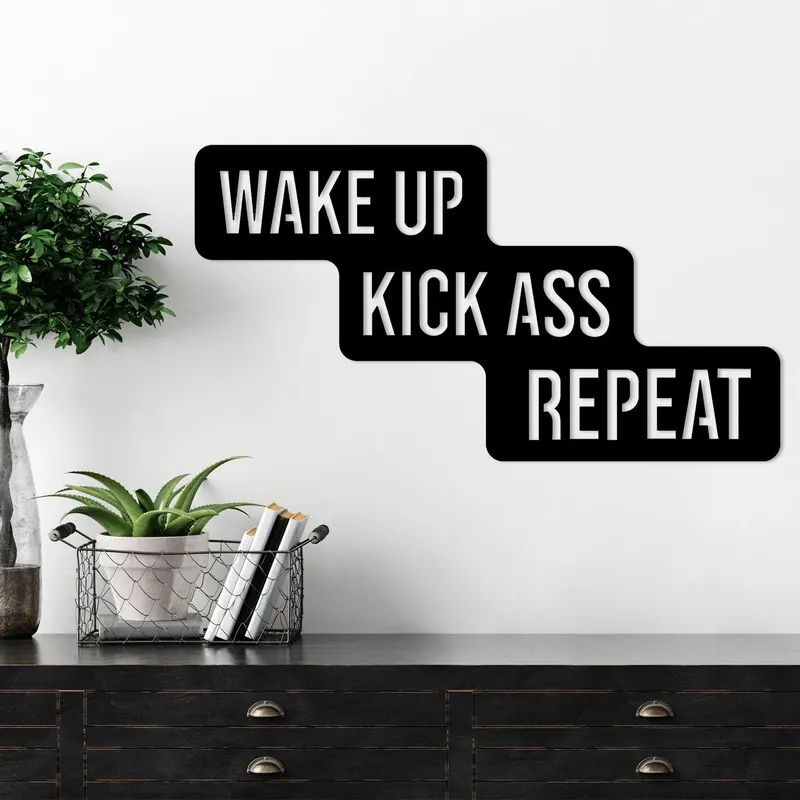 Decoratiune de perete Metal Wake Up Kick Ass Repeat, Negru, 2x37x69 cm - Negru