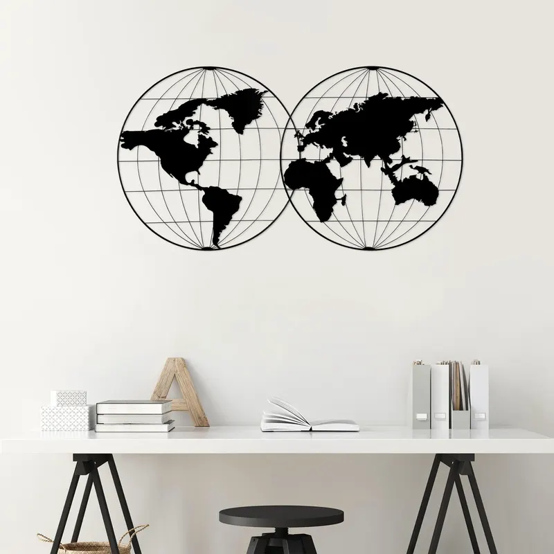 Decoratiune de perete Metal World Map 18, Negru, 60x1x113 cm - Negru