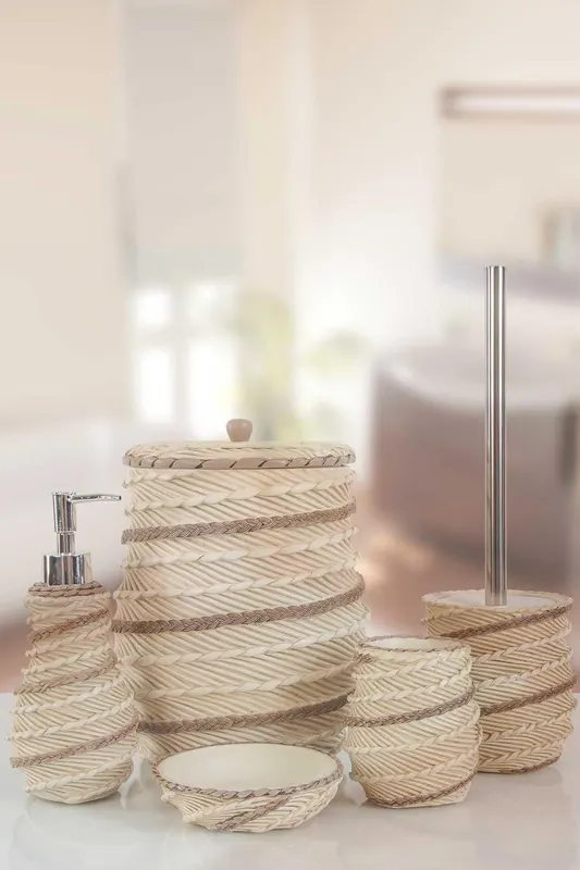 Set de Baie Lux Marva, Crem, Dozator de sapun, Perie, Suport de periuta de dinti, Sapuniera, Coș de Gunoi - Crem