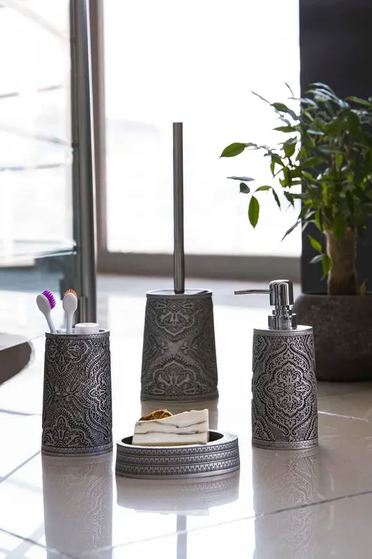Set de Baie Lux Lane, Gri, Dozator de sapun, Perie, Suport de periuta de dinti, Sapuniera - Gri