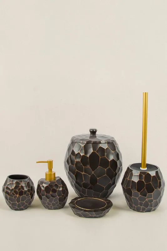 Set de Baie Lux Jayla, Maro, Dozator de sapun, Perie, Suport de periuta de dinti, Sapuniera, Coș de Gunoi - Maro