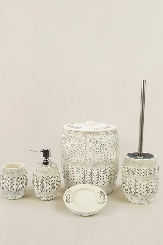 Set de Baie Lux Allesi, Gri, Dozator de sapun, Perie, Suport de periuta de dinti, Sapuniera, Coș de Gunoi - Gri