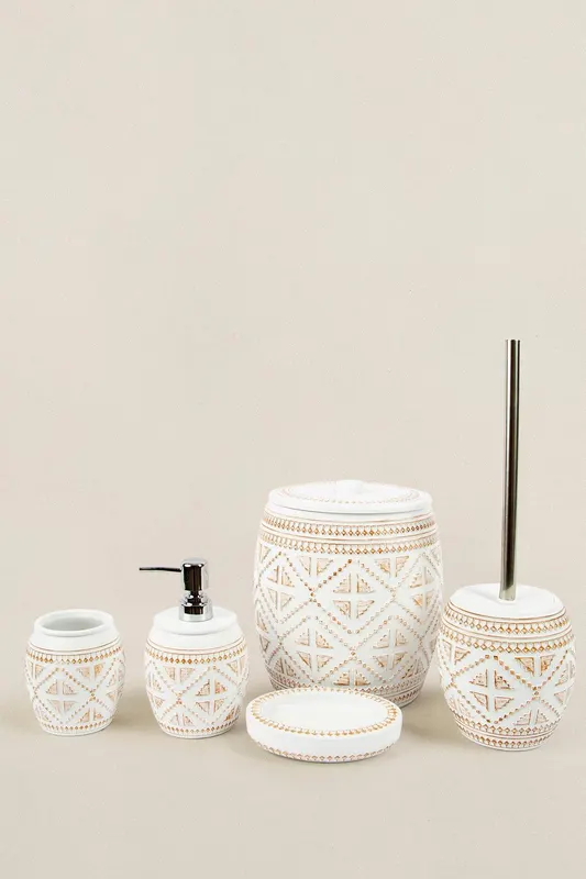 Set de Baie Lux Ella, Alb, Dozator de sapun, Perie, Suport de periuta de dinti, Sapuniera, Coș de Gunoi - Alb