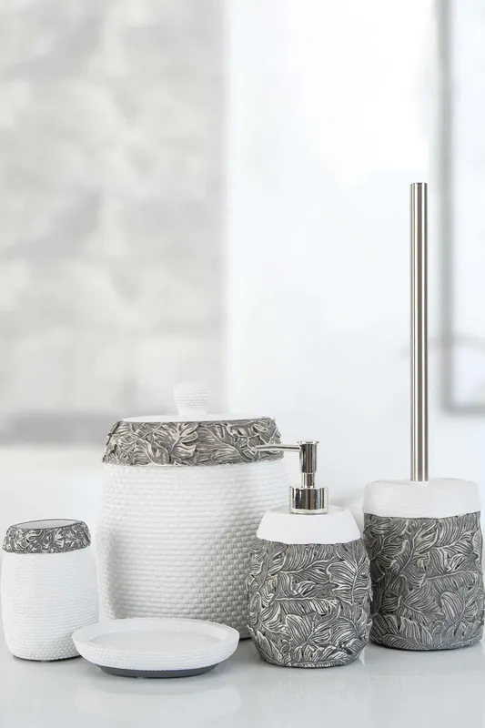 Set de Baie Lux Celia, Gri, Dozator de sapun, Perie, Suport de periuta de dinti, Sapuniera, Coș de Gunoi - Gri