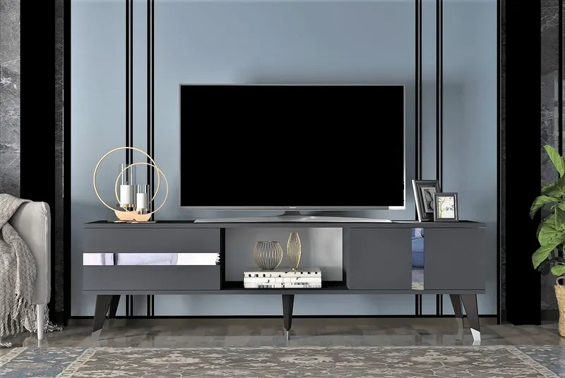 Comoda Tv Vania cu 2 Usi si Raft, Gri, 150 X 30 X 50 Cm - arsiv7