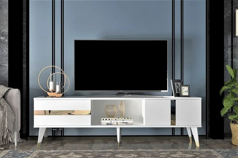 Comoda Tv Vania cu 2 Usi si Raft, Gri, 150 X 30 X 50 Cm - arsiv8