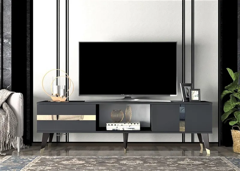 Comoda Tv Vania cu 2 Usi si Raft, Gri, 150 X 30 X 50 Cm - arsiv9