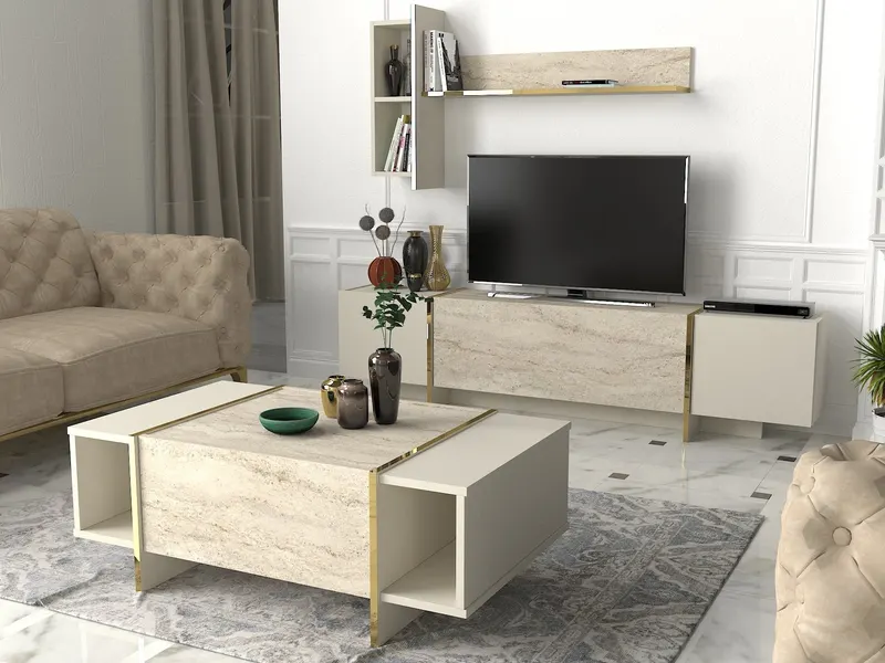 Măsuță de cafea Veyron, Travertin - Sandstone, 104x60x37 cm - Bej
