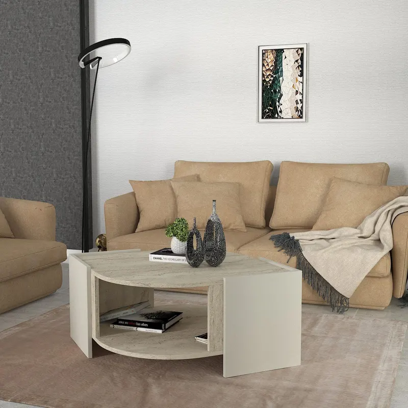 Măsuță de cafea Marble, Travertin - Sandstone, 75x75x40 cm - Bej