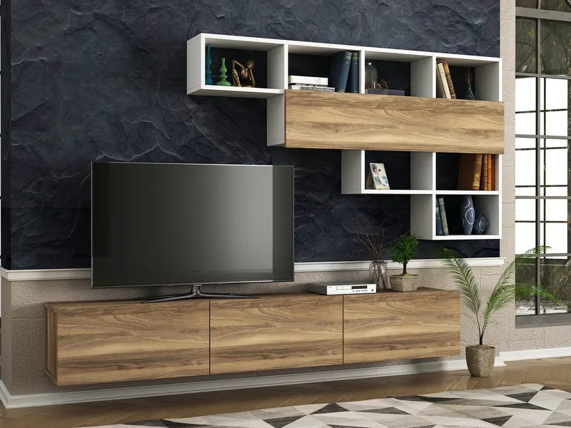 Comodă TV Damla, Alb - Nuc, 180x30x30 cm - Alb - Nuc