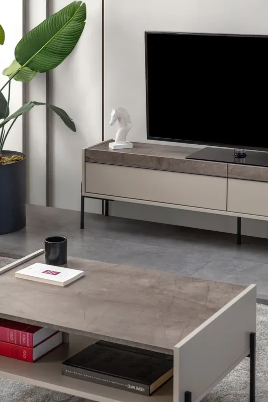 Comodă TV Beskar, Sandstone - Negru, 177x33x47 cm - Bej - Negru