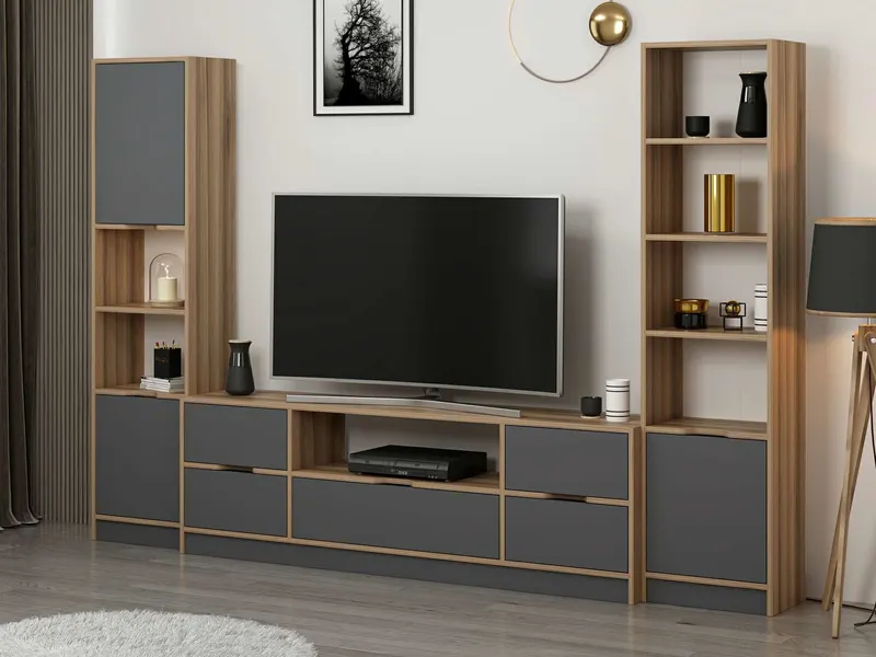 Comodă TV Elina - 8606, Antracit - Dore, 180x35x57 cm - Antracit - Auriu