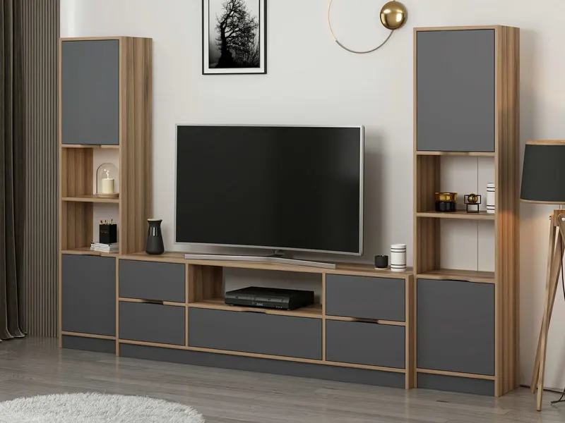 Comodă TV Elina - 8608, Antracit - Dore, 180x35x57 cm - Antracit - Auriu