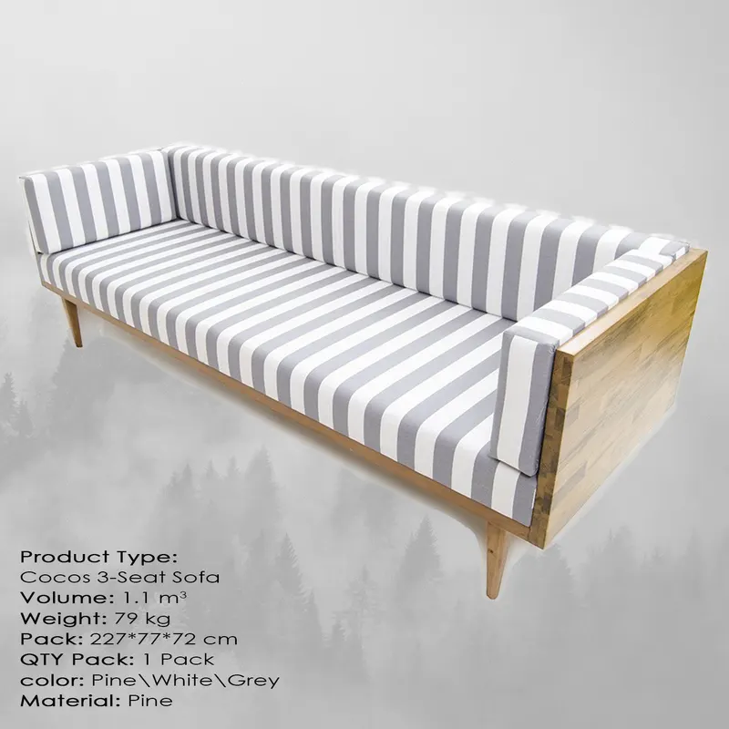 Canapea fixă 3 locuri Cocos Large, Pin - Alb - Gri, 225x75x70 cm - Natural - Alb - Gri