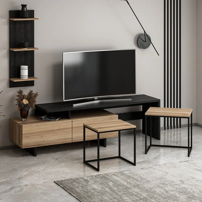 Comodă TV Vera - 8858, Negru - Dore, 180x40x50 cm - Negru - Auriu