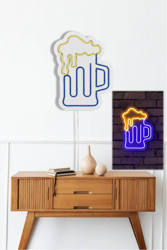 Lampă neon Beer Glass Yellow, Albastru - Galben, 26x35x2 cm - Galben - Albastru